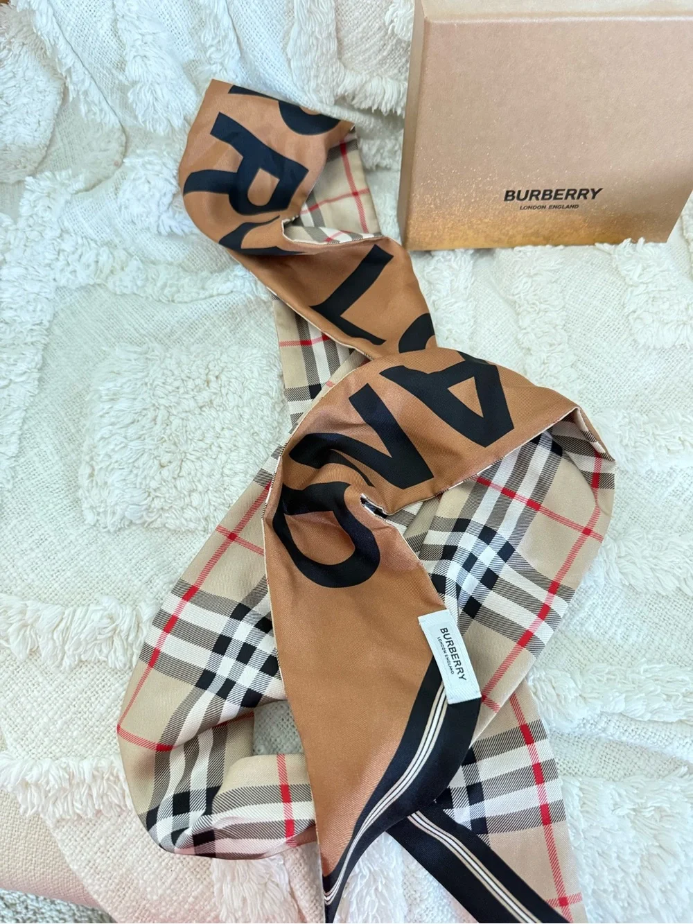 Burberry Beige, Tan & Black Check Silk Twilly Scarf